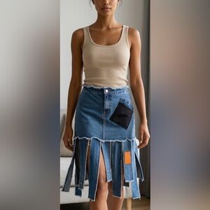 Upcycled Stylish Blue Denim Skirt with Fringe Details size L